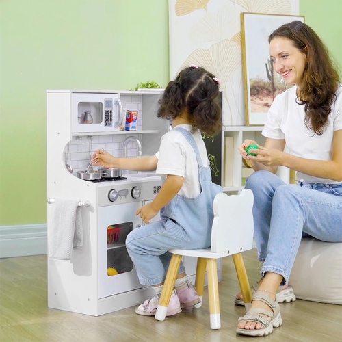 AIYAPLAY Pretend Play Kitchen, Kids Kitchen Playset, with Toy Phone, Chalkboard, Microwave, Cooking Stove, Sink, White