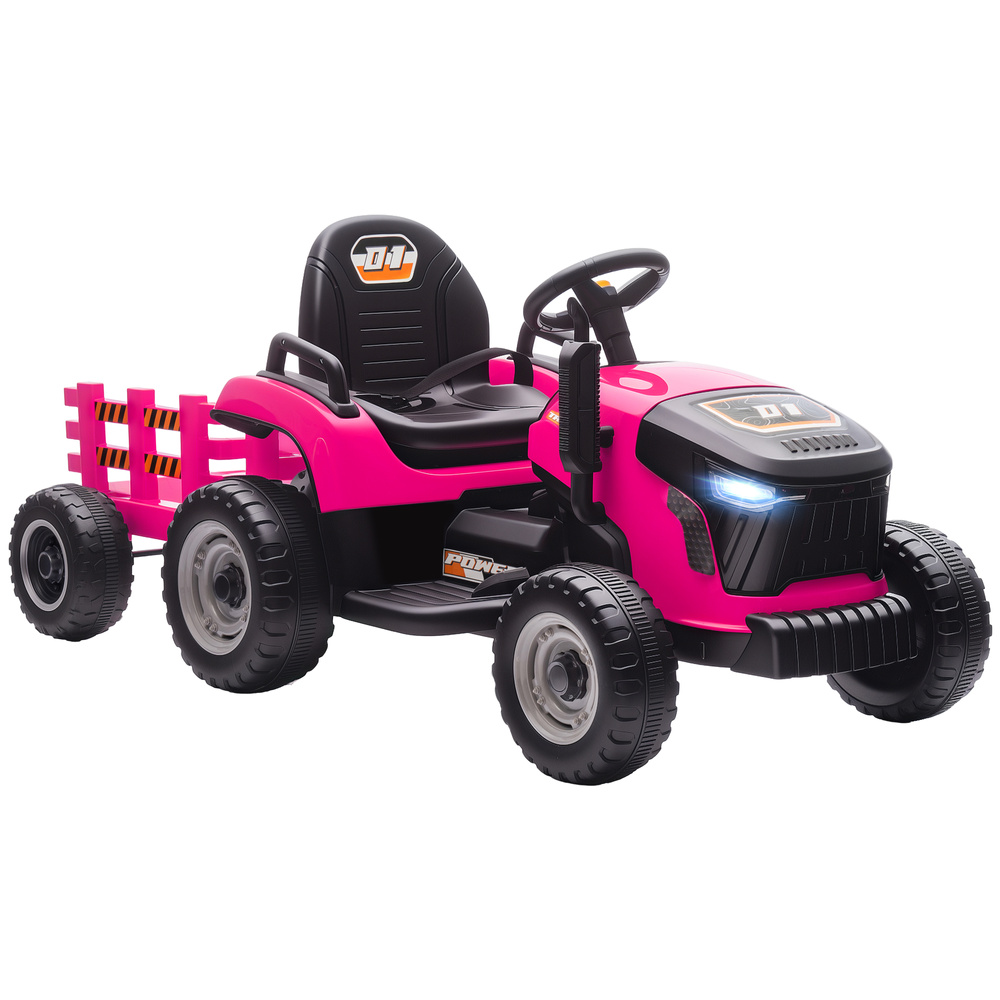 AIYAPLAY 12V Ride on Tractor and Trailer with Remote Control, Music, Shifter, Start-Up Sound, for Kids Ages 3-8 Years, Pink