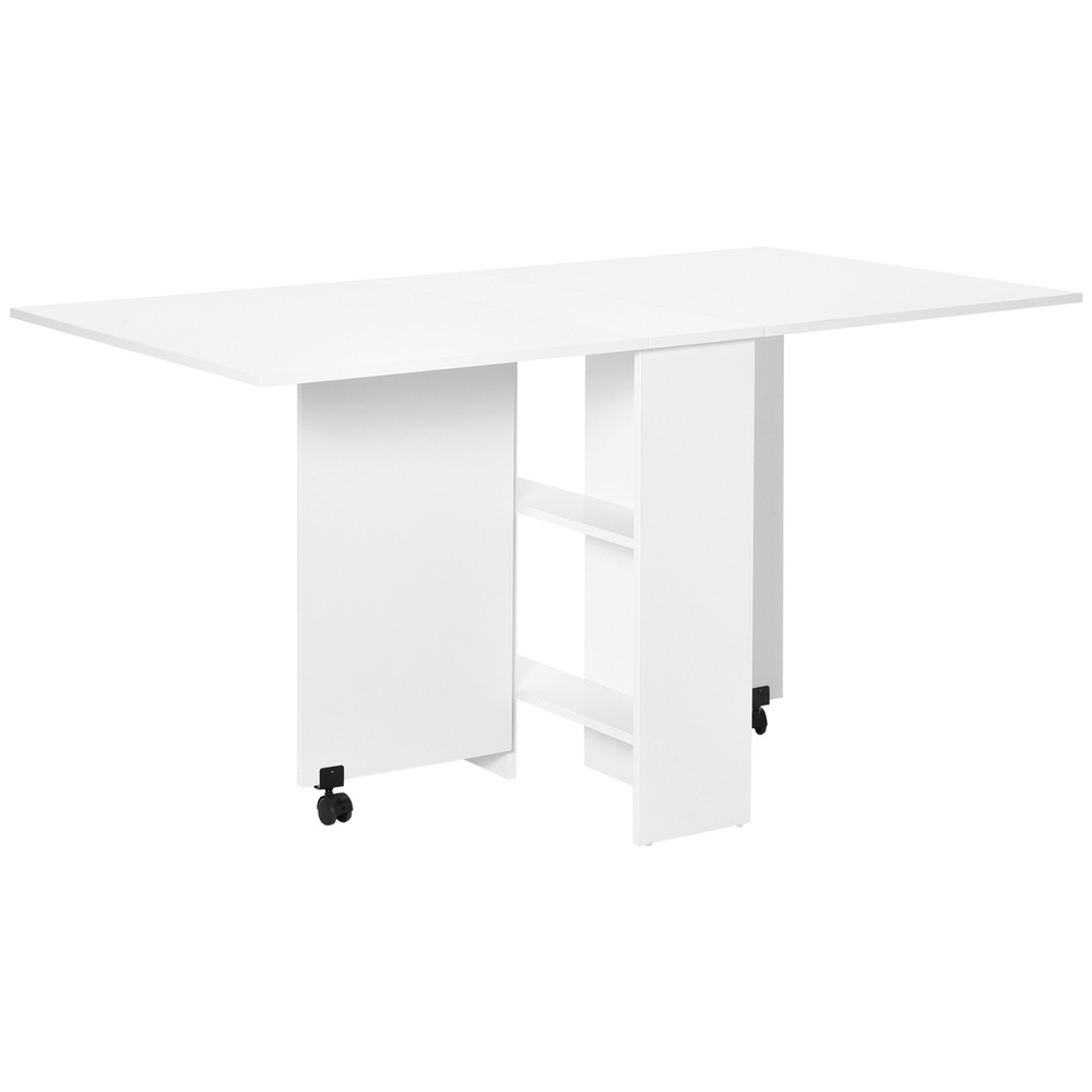 HOMCOM Folding Dining Table, Drop Leaf Table with 2-Tier Shelves, Rolling Casters, for Small Spaces, Kitchen, White