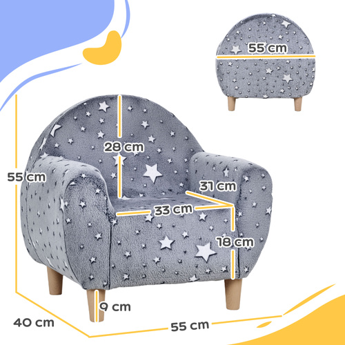 AIYAPLAY Kids Armchair, Glow in the Dark Chair with Star Design for Bedroom, Playroom, Kids Room, Grey