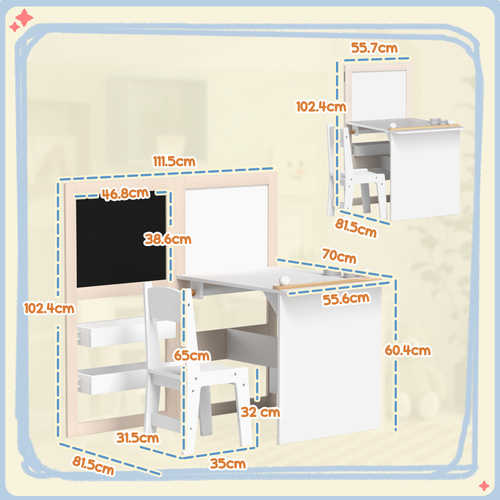 AIYAPLAY 3 in 1 Kids Table and Chair Set with Storage, Whiteboard, Blackboard & Roll Paper for 3-8 Years, White