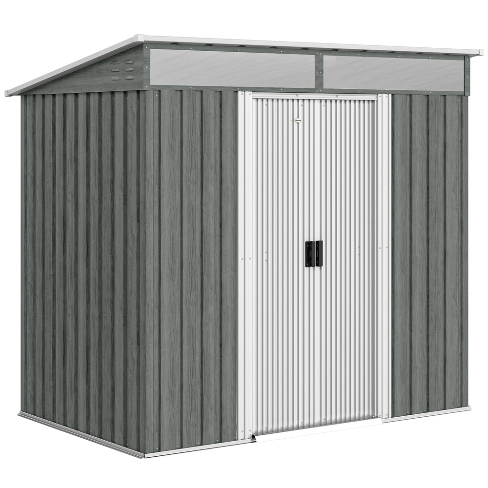 Outsunny 6.5 x 4FT Galvanised Metal Shed with Foundation Kit, Lockable Tool Garden Shed with Double Sliding Doors, Vents, Light Grey Wood Effect