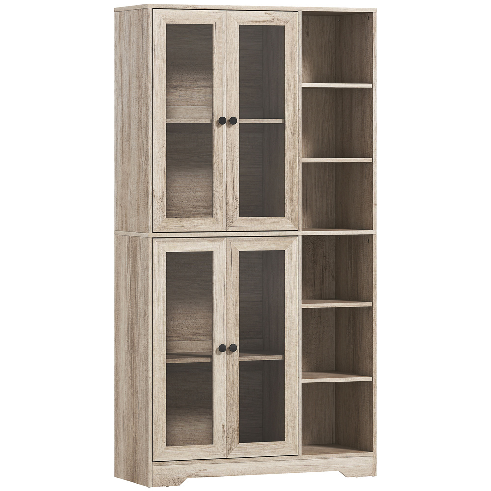 HOMCOM Multi-Storage Kitchen Cabinet, with Glass Doors - Grey Wood-Effect