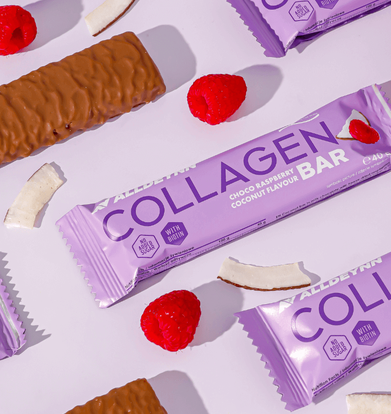 Alldeynn Collagen Bar Milk Chocolate Coconut with Freeze-Dried Raspberries 24x40g