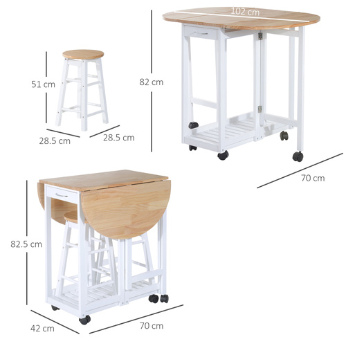 HOMCOM 3 Pieces Dining Room Set, Mobile Foldable Dining Table and 2 Stools with Storage Shelf, 2 Drawers and 6 Wheels, Drop Leaf Bar Table and Stools for Home Kitchen Pub, White