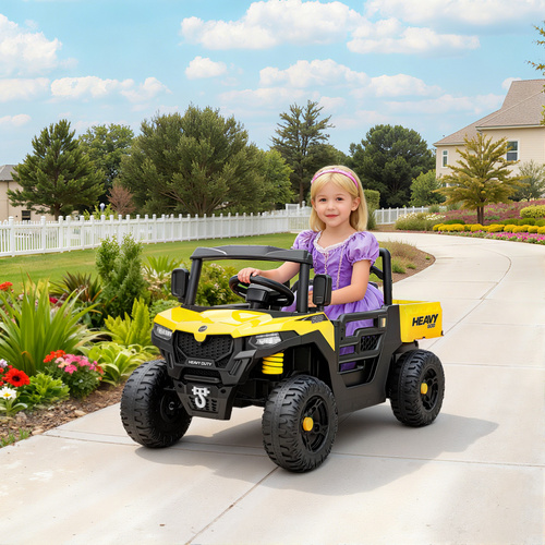 AIYAPLAY Kids Ride on Car, 12V Electric Kids UTV with Electric Dump Bed, 4-Wheel Suspension for 3-8 Years, Yellow