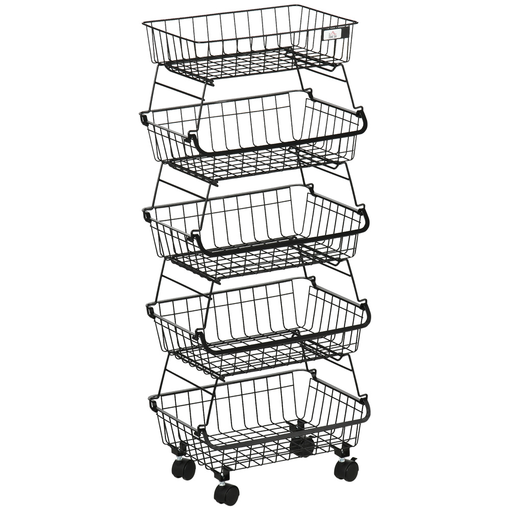 HOMCOM 5 Tier Storage Trolley, Stackable Fruit Vegetable Cart for Kitchen, Living Room, 40 x 2 x 97 cm, Black