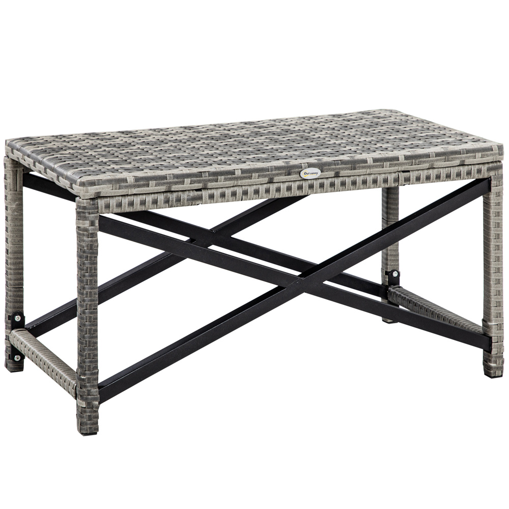 Outsunny Outdoor Coffee Table, Garden PE Rattan Side Table with Plastic Board Under the Full Woven Table Top and X-Shaped Frame for Patio, Balcony, Mixed Grey