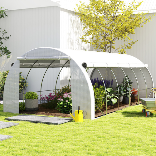 Outsunny 6 x 3 x 2 m Polytunnel Greenhouse with Roll-up Side Walls, Walk-in Grow House Tent with Steel Frame, Reinforced Cover, Zipped Door and 12 Mesh Windows for Garden, White