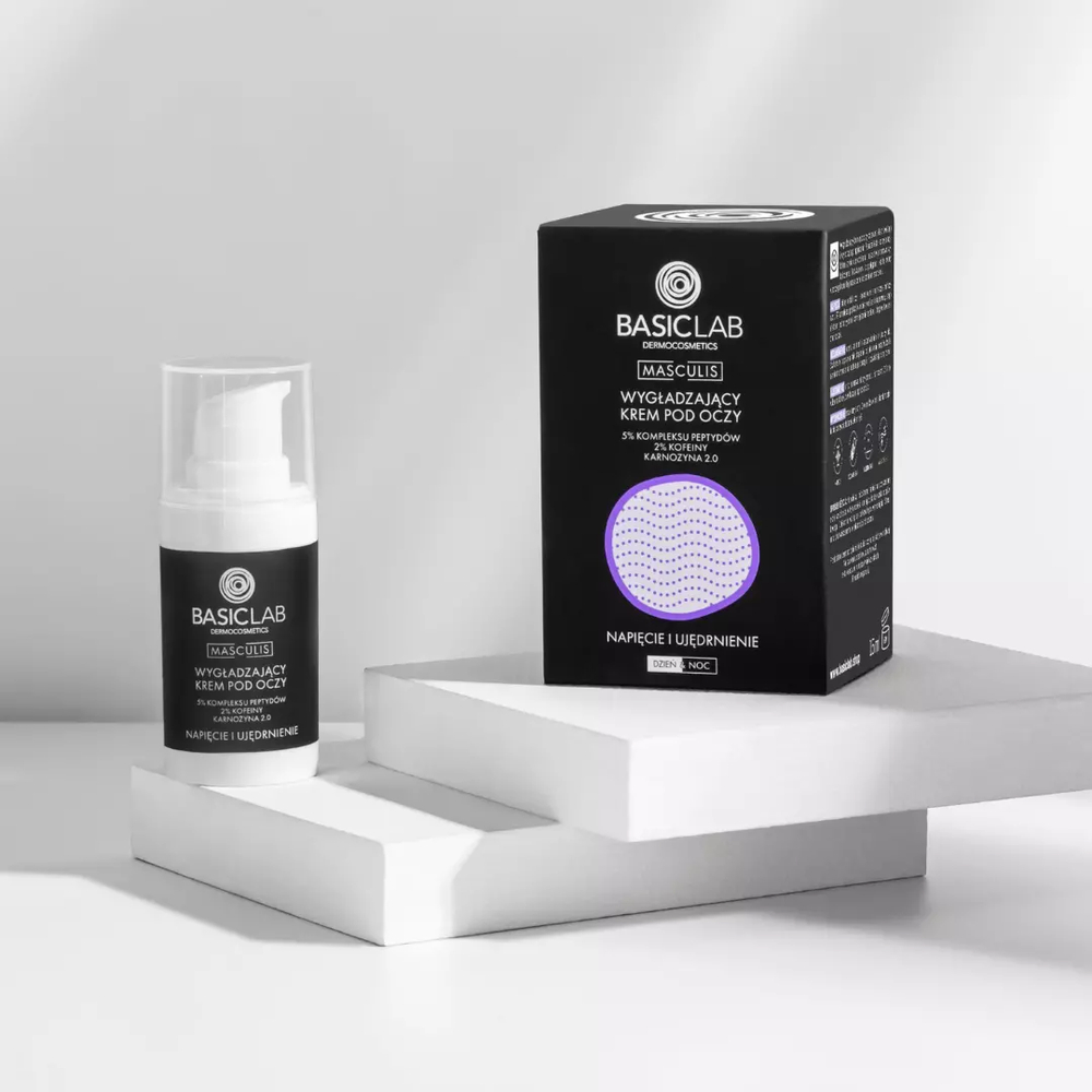 BasicLab Masculis Krem Pod Oczy dla Mężczyzn  5% Kompleksu Peptydów, 2% Kofeiny, Karnozyna 2.0  Anty-Aging i Ujędrniający  15 ml