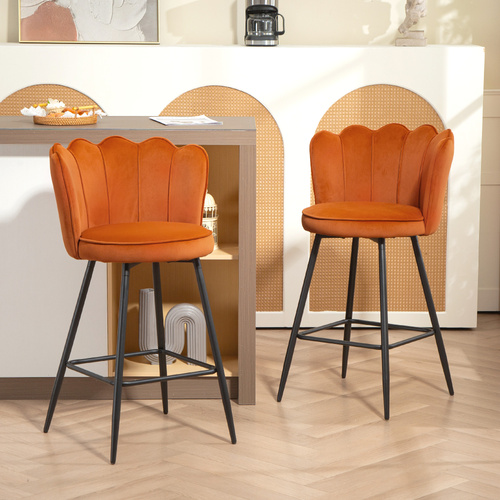 HOMCOM Set of Two Velvet-Feel Lotus Bar Stools - Orange