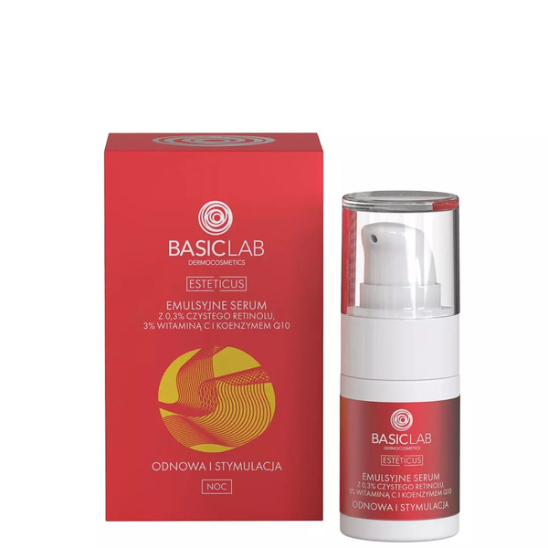 BasicLab Dermocosmetics Renewal Night Serum with 0.3% Pure Retinol, Vitamin C & Coenzyme Q10 for Problematic Skin - 15ml