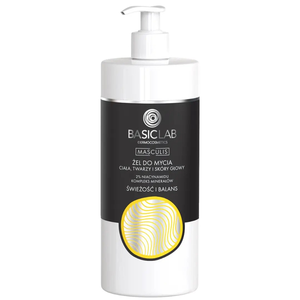 BasicLab Masculis Daily Cleansing Gel with 2% Niacinamide - Freshness & Shine for Men, 500ml