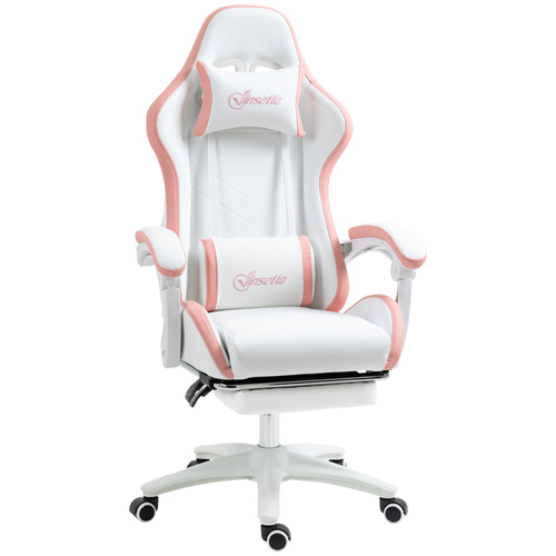 Vinsetto Computer Gaming Chair, PU Leather Office Desk Chair with Footrest, Swivel Wheels, 135° Reclining Back, Lumbar Support, Headrest for Home, White and Pink