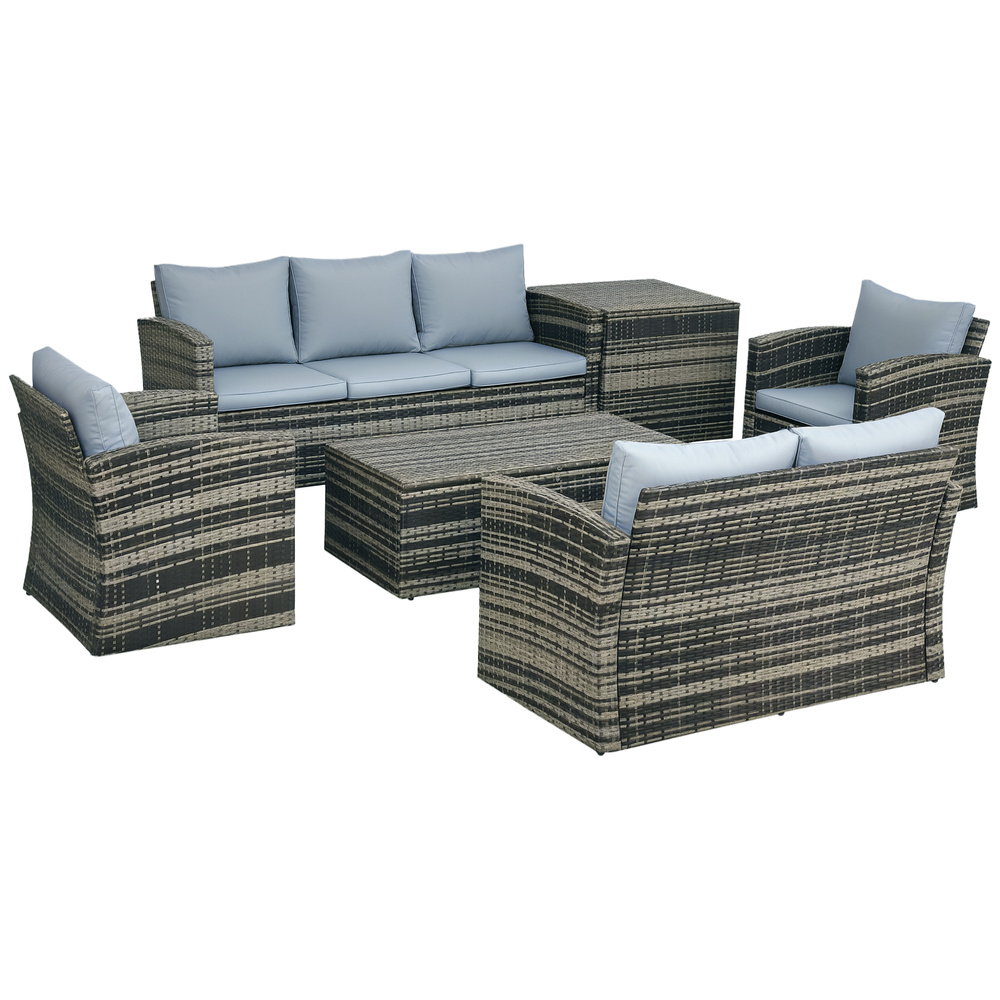 Outsunny 6 Pieces Rattan Garden Furniture Set, 7 Seater Wicker Outdoor Furniture Set with Storage Tea Table & Side Table, Sectional Garden Sofa Set with Cushions, Grey