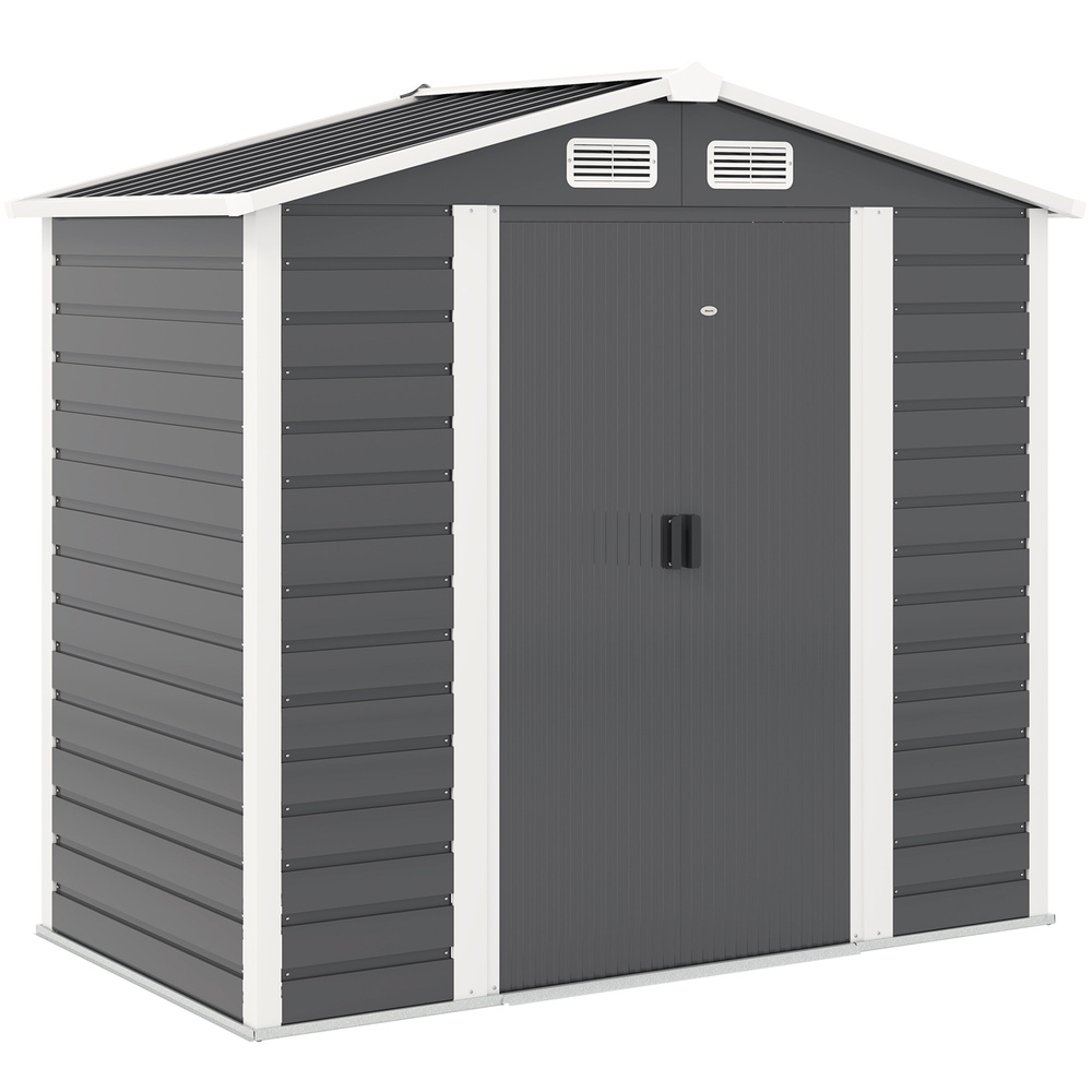Outsunny 7 x 4ft Garden Shed, Easy to Assemble, Upgraded Galvanised Steel Frame with Foundation Kit, Double Doors with Lock, Outdoor Metal Shed with Vents and Gloves, Garden Storage Shed, Dark Grey