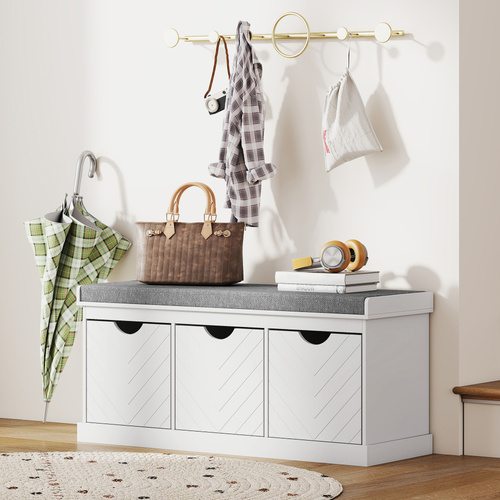 HOMCOM 3-Drawer Padded Shoe Bench with Breathable & Washable Linen-look Cover, White