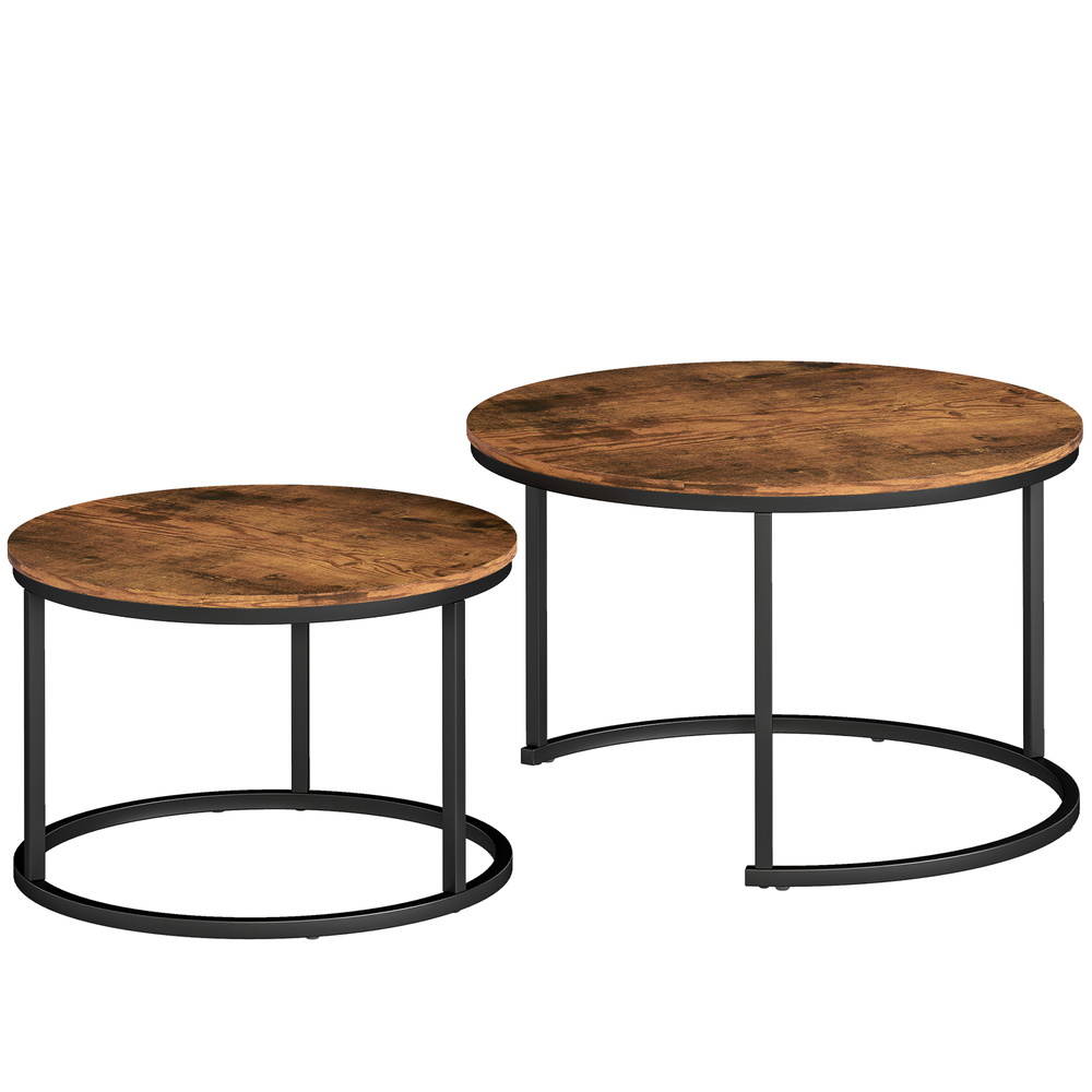 HOMCOM Coffee Table Set of 2, Round Nest of Tables with Metal Frame, Modern Side Tables for Living Room, Rustic Brown