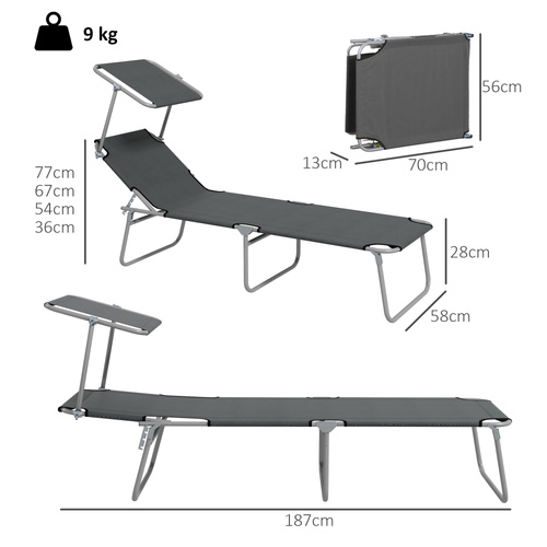 Outsunny Outdoor Foldable Sun Lounger Set of 2, 4 Level Adjustable Backrest Reclining Sun Lounger Chair with Angle Adjust Sun Shade Awning for Beach, Garden, Patio, Grey