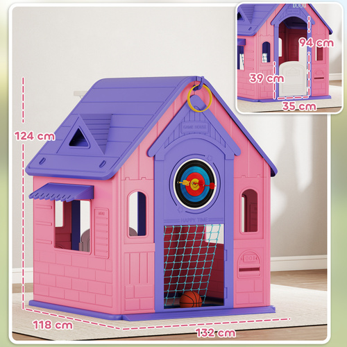 AIYAPLAY 5-in-1 Playhouse for Kids Outdoor Indoor with Basketball Hoop, Football Goal, Dartboard, Ring Toss for 2-5 Years, Pink