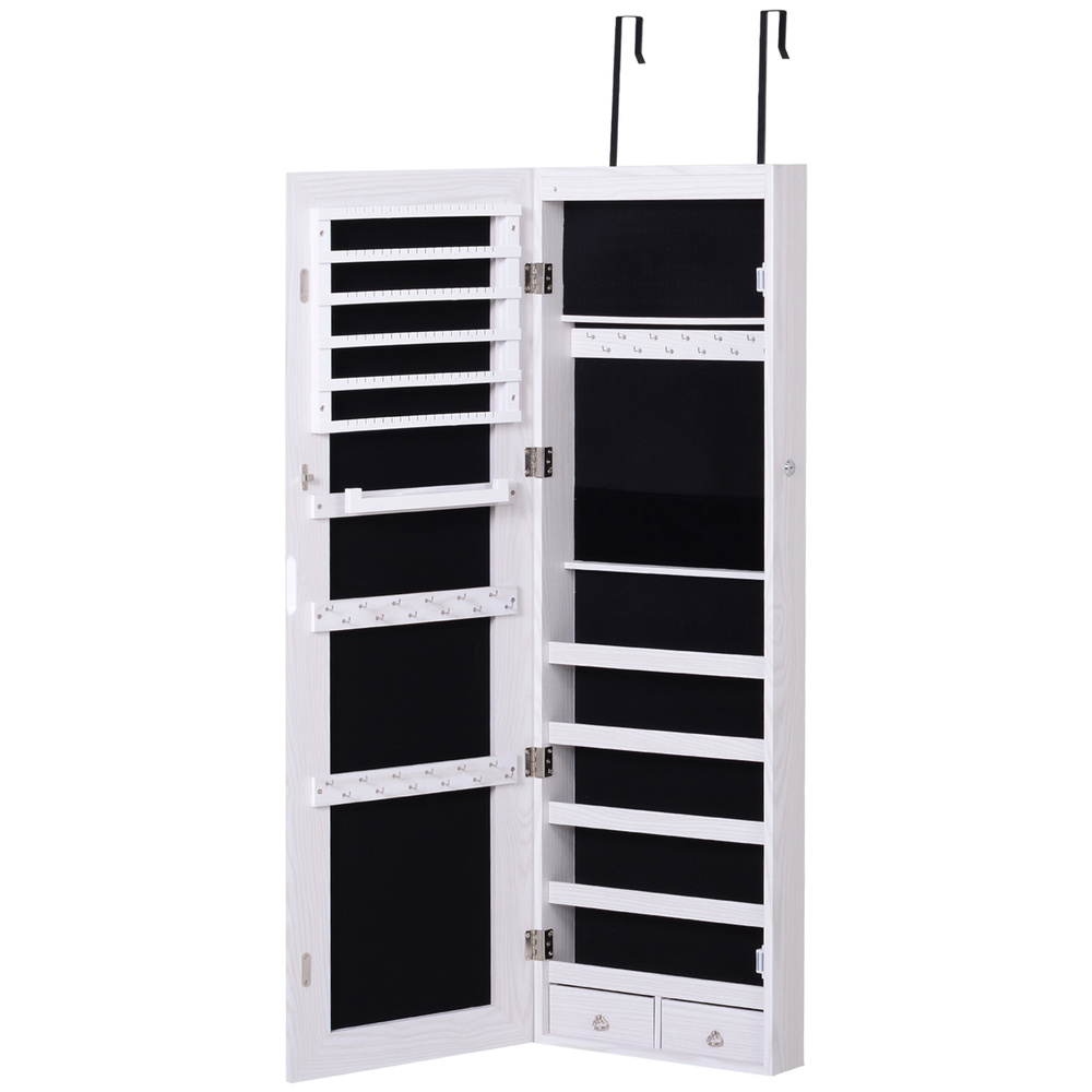 HOMCOM Jewelry Cabinet with Mirror and LED Lights, Lockable Makeup Cosmetics Jewellery Organiser, Mirror with Storage for Bedroom Dressing Room, White