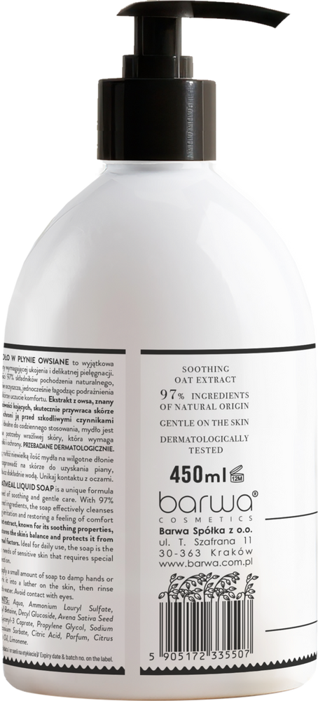 Barwa Pure Calm Kojące Owsiane Mydło w Płynie dla Skóry Wrażliwej i Suchej 450ml