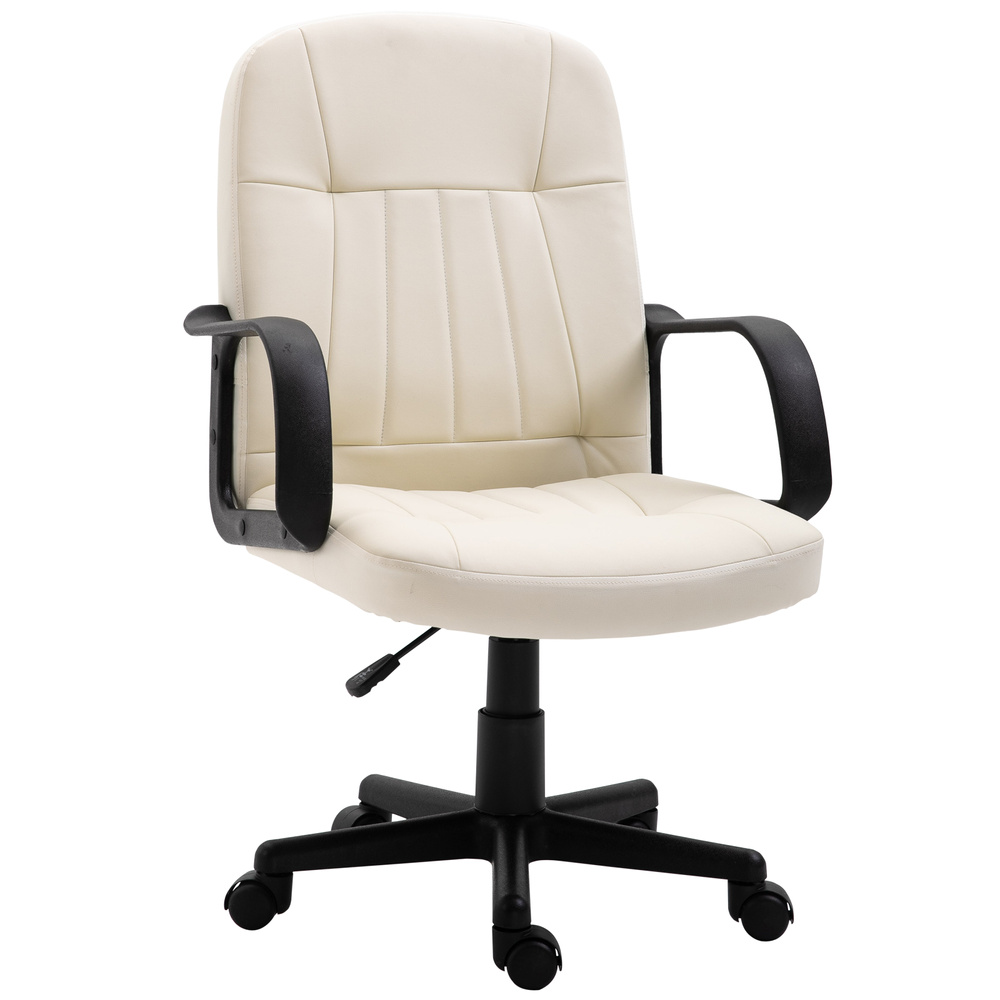HOMCOM Desk Chair, PU Leather Computer Office Chair with Adjustable Height, Swivel Wheels for Home Work Study, Cream White