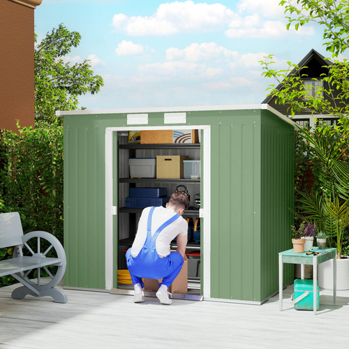 Outsunny 7 x 4ft Galvanised Steel Garden Shed, with Foundation Kit - Green