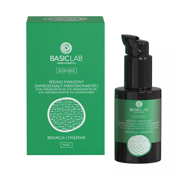 BasicLab Peeling Kwasowy na Trądzik i Niedoskonałości z 6% Kwasem Szikimowym, 5% Kwasem Migdałowym, 3% Kwasem Laktobionowym - 30 ml