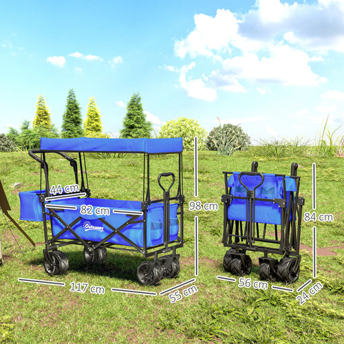 Outsunny Folding Trolley Cart Storage Wagon Beach Trailer 4 Wheels with Handle Overhead Canopy Cart Push Pull for Camping, Blue