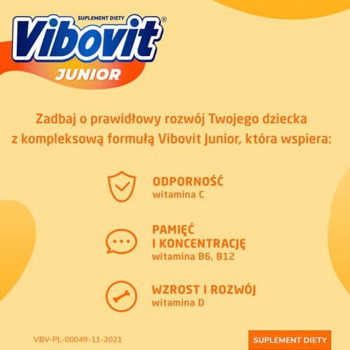 Vibovit Junior o Smaku Pomarańczowym Wspiera Rozwój Dziecka 4-12 Lat 14 Saszetek