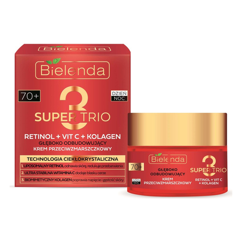 Bielenda Super Trio 3 Retinol Vit.C Kolagen Głęboko Odbudowujący Krem Przeciwzmarszczkowy 70+ na Dzień i na Noc 50ml