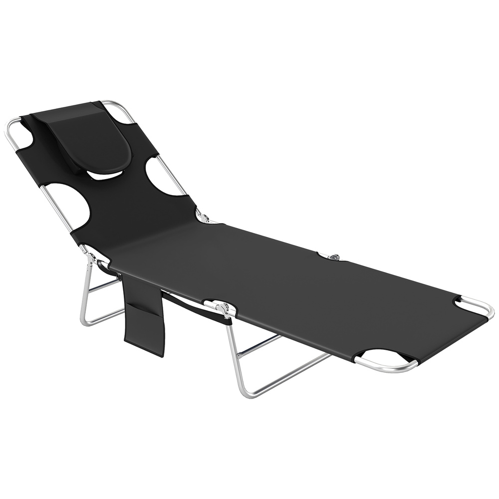 Outsunny Foldable Sun Lounger, Beach Chaise Lounge with Reading Hole, Arm Slots, 5-Position Adjustable Backrest, Side Pocket, Pillow for Garden, Beach, Camping, Black