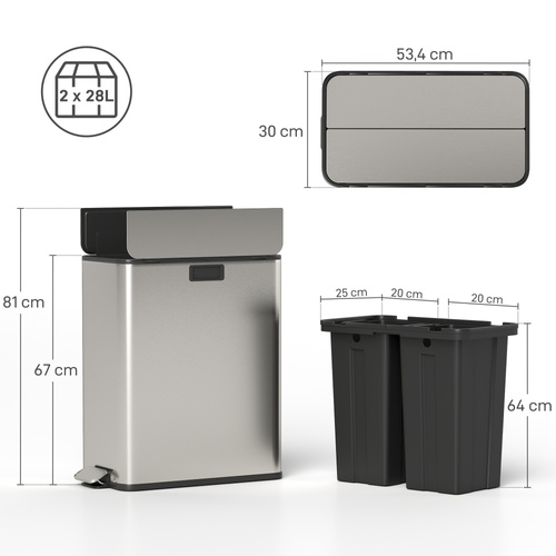HOMCOM Dual Kitchen Bin with Soft-Close Butterfly Lid, 2 x 28L Stainless Steel Pedal Bin with Removable Inner Buckets, Fingerprint-Proof for Recycling and Waste, Silver Tone