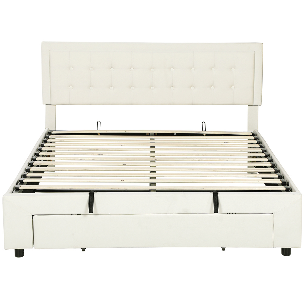 HOMCOM King Size Ottoman Bed Frame, with Front Drawer - Cream