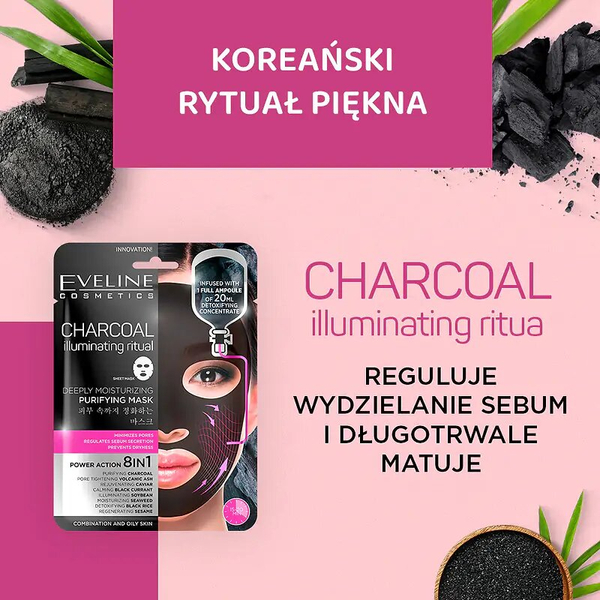 Eveline Sheet Mask Charcoal Maska na Tkaninie 8in1 Oczyszczająca Nawilżająca 1 Sztuka