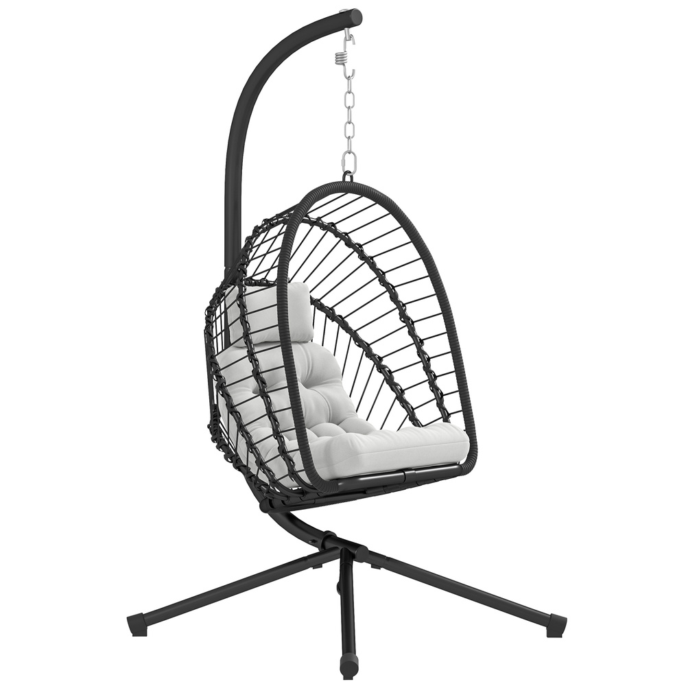 Outsunny Outdoor PE Rattan Swing Chair with Foldable Basket and Cushion, Garden Patio Hanging Egg Chair with Metal Stand, Headrest for Indoor and Outdoor, Black