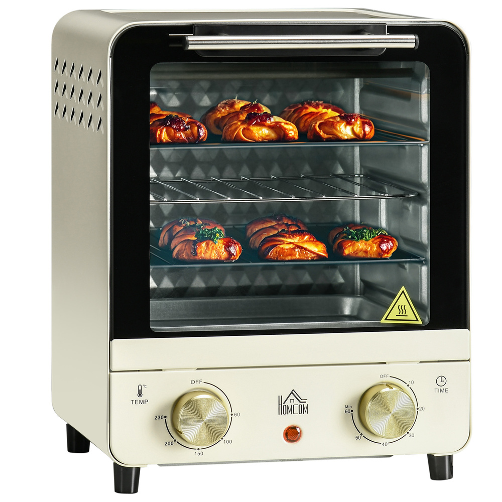 HOMCOM Mini Oven, 15 Litres Electric Oven and Grill with 60-230℃ Adjustable Temperature, 60 Minute Timer, Include Baking Tray, Wire Rack and Crumb Tray, 1000W, Cream White