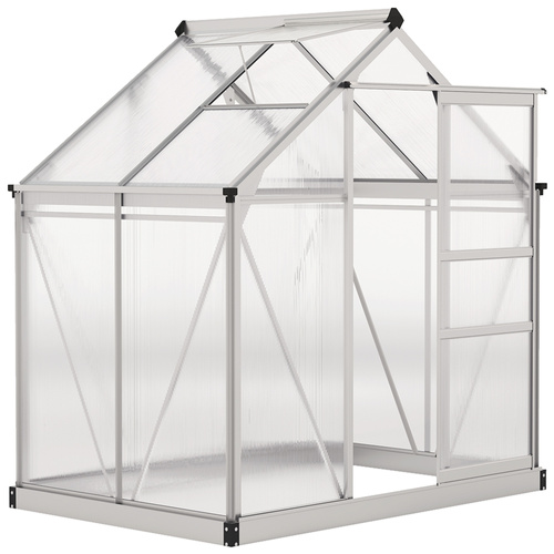 Outsunny Polycarbonate Greenhouse, Large Walk-In Green House with Slide Door and Window, Aluminium Frame, 6x4ft, Silver Tone