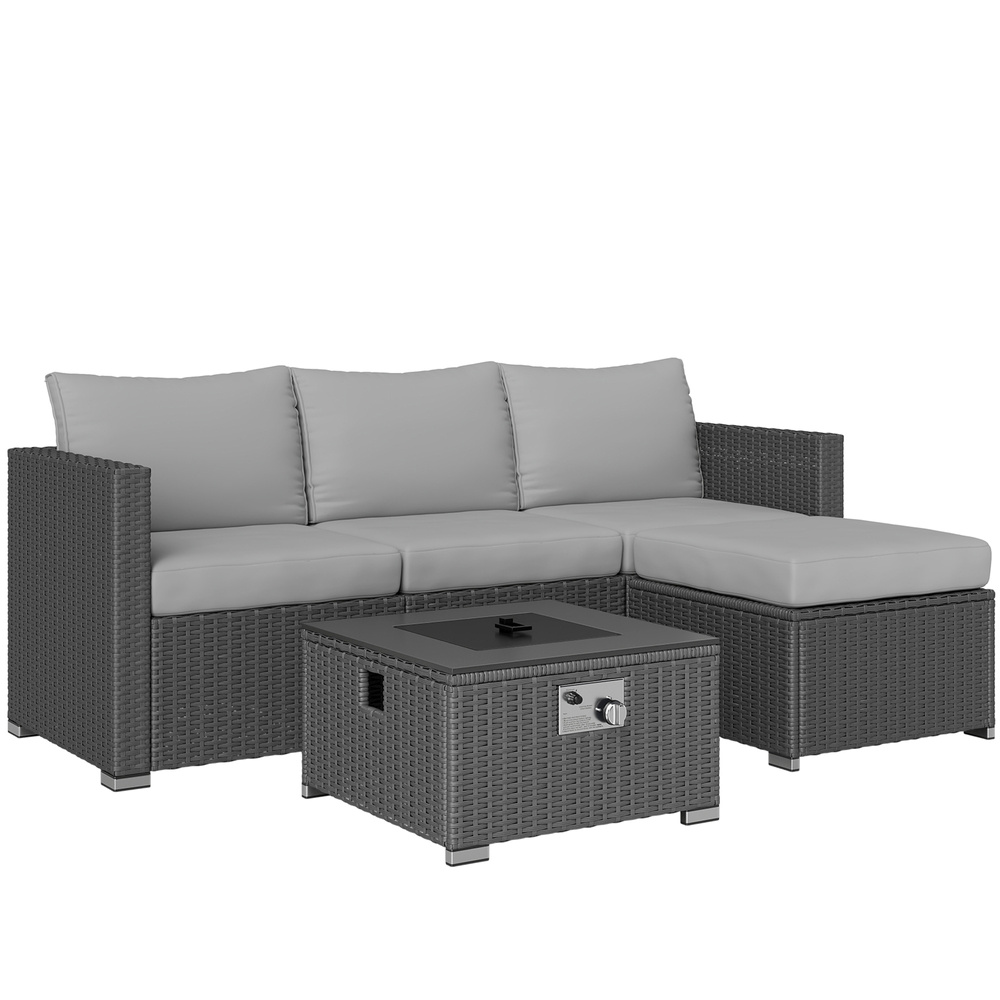 Outsunny Five Piece Rattan Garden Furniture Set with Gas Fire Pit Table and Footstool - Grey