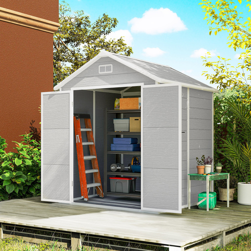 Outsunny 6 x 5ft Garden Shed, Plastic Shed with Floor, Window, Lockable Doors and Vents, Wood Effect Resin Tool Shed for Outdoor Patio, Light Grey