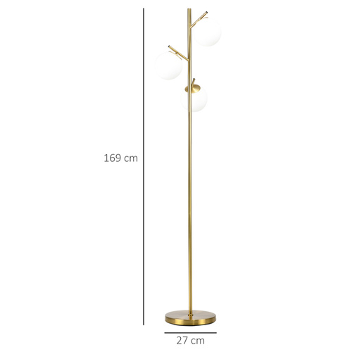 HOMCOM 3-Light Tree Floor Lamps for Living Room, Modern Standing Lamp for Bedroom with Globe Lampshade, Steel Base, Bulb not Included, Gold Tone