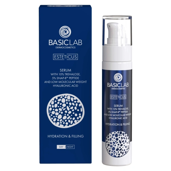 BasicLab Dermocosmetics Serum with Trehalose 10% and 5% Peptide Moisturizing and Filling for Dry and Very Dry Skin Day and Night 50ml