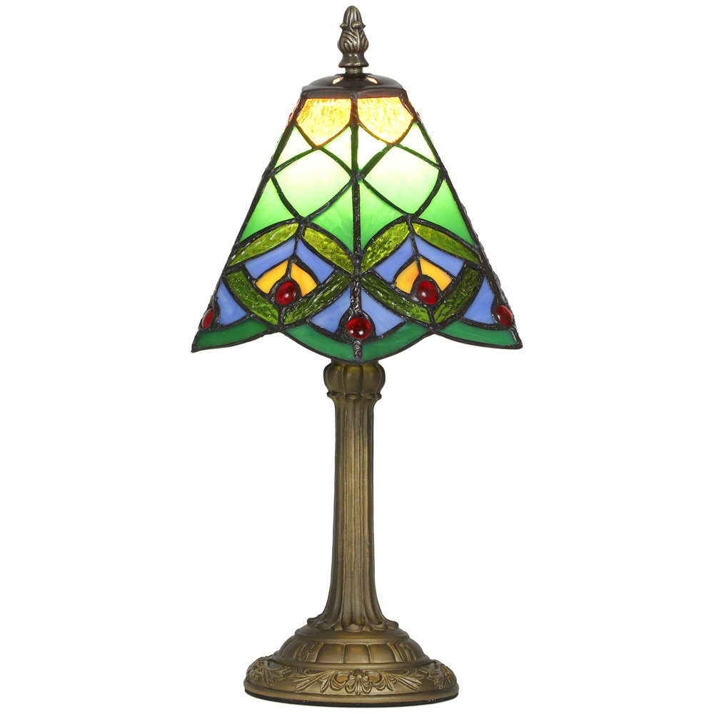 HOMCOM Tiffany-Style Table Lamp with Geometric Patterns, Handcrafted Antique Stained Glass Bedside Lamp for Living Room and Bedroom, E27 Socket, Green