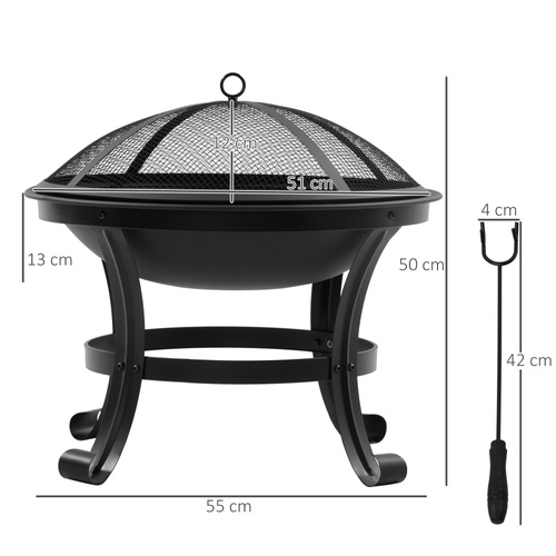 Outsunny Outdoor Fire Pit, Firepit with Mesh Lid, Poker, for Camping, Bonfire, Picnic, Black