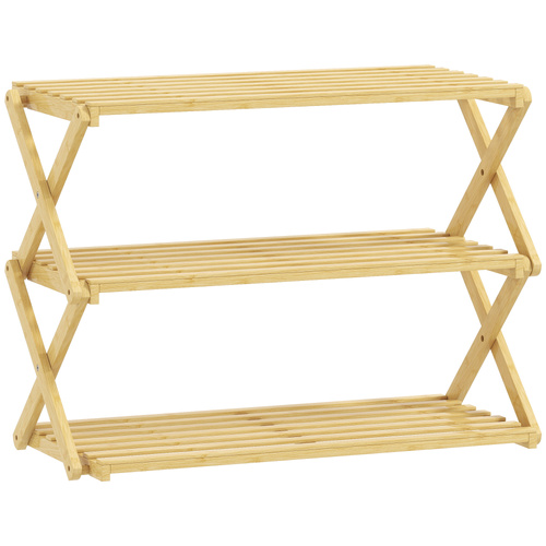 HOMCOM Three-Tier Folding Bamboo Shoe Rack - Natural Finish
