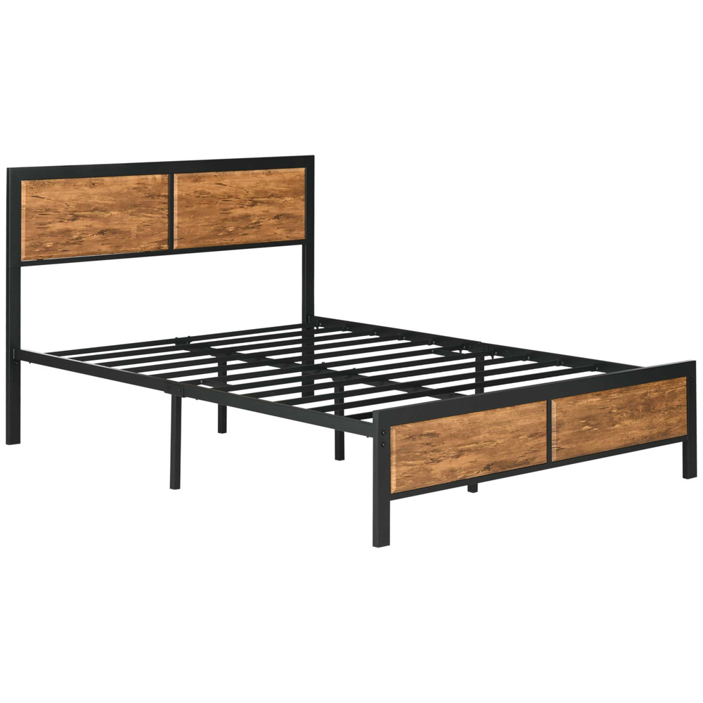 HOMCOM Industrial Double Bed Frame, 5FT Steel Bed Base with Headboard, Footboard, Slatted Support and Under Bed Storage, 142 x 195cm, Rustic Brown