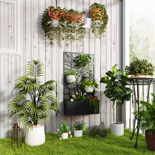 Outsunny Outdoor Metal Planter, with Back Trellis - Black