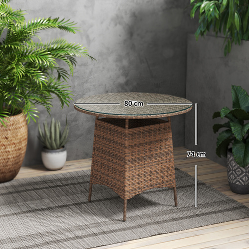 Outsunny Wicker Garden Rattan Table, Patio Furniture Outdoor Coffee Table with Umbrella Hole and Tempered Glass Top, Brown