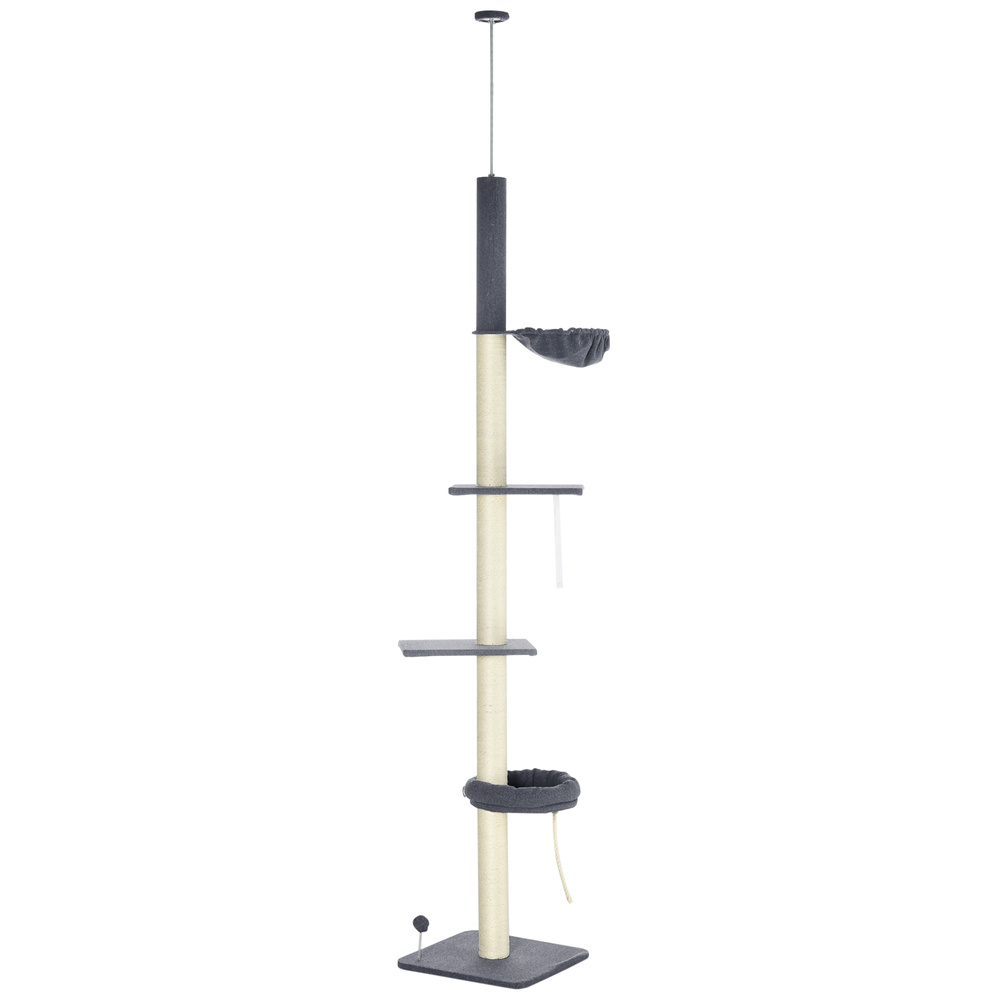 PawHut 240-270cm Floor-To-Ceiling Cat Tree, 5 Tier Cat Climbing Tower, with Bed, Hammock, Platforms, Dark Grey and Cream